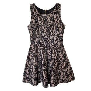 Black Lace Skater Mini Dress size Medium Fit Flare Rose Beige Black